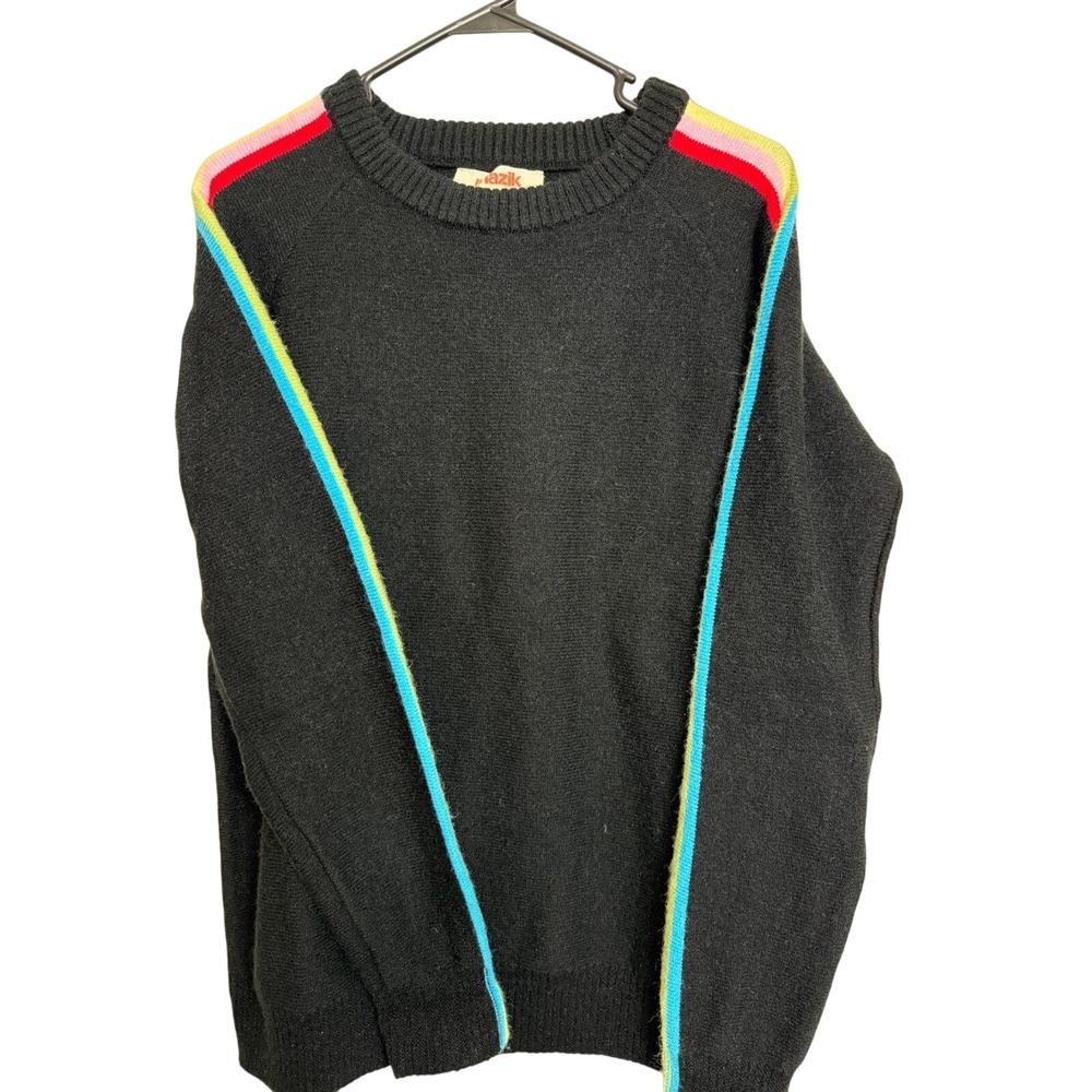 Retro 90s Style Sweater Size S Black Rainbow Striped Pullover Crew Neck by Mazik